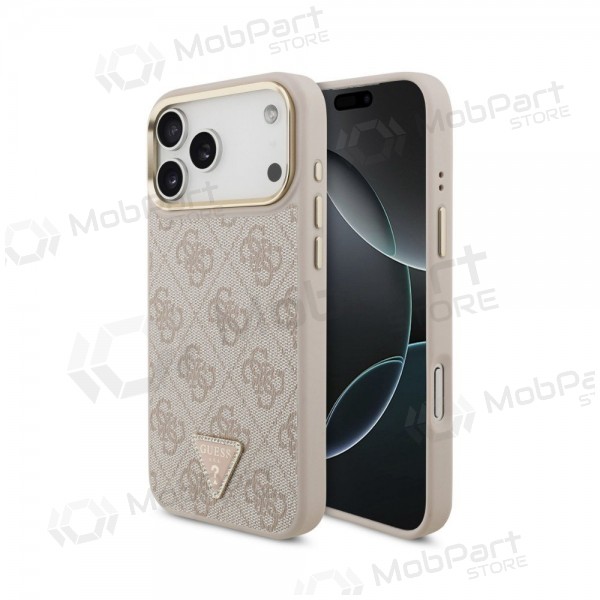 Apple iPhone 18 Pro hoesje - Guess PU Leather 4G Strass Triangle Logo Gold Frame MagSafe (roze)