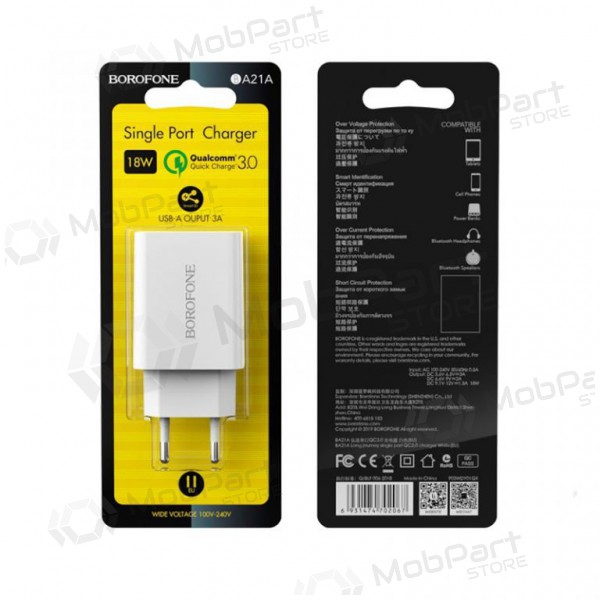 Lader BOROFONE BA21A Long journey QC3.0 USB 18W (3.6V-6.5V/3A, 6.6V-9V/2A, 9.1V-12V/1.5A) (wit)