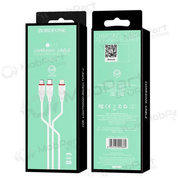 USB kabel Borofone BX17 3-in-1 microUSB-Lightning-Type-C (wit)