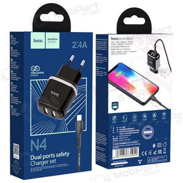 Lader HOCO N4 Aspiring Dual USB + type-C kabel (5V 2.4A) (zwart)