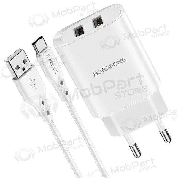 Lader Borofone BN2 2xUSB 2.1A + USB Type-C (wit)