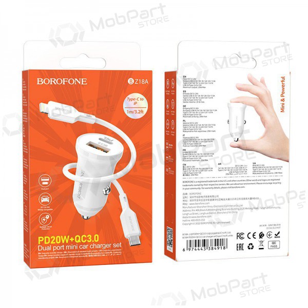Lader automobilinis Borofone BZ18A USB-A/Type-C PD20W+QC3.0 + Lightning (wit)