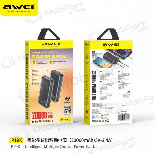 Externe batterij Power Bank Awei P19K 5V/2.4A 20000mAh zwart