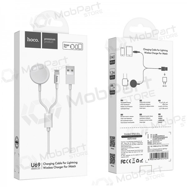 USB kabel HOCO U69 lightning 1.0m (with iWatch wireless charger) (wit)