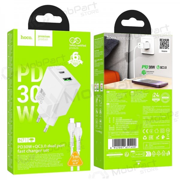 Telefoonoplader Hoco N71 30 W GaN USB-C + USB-A met Lightning-kabel 1 m wit