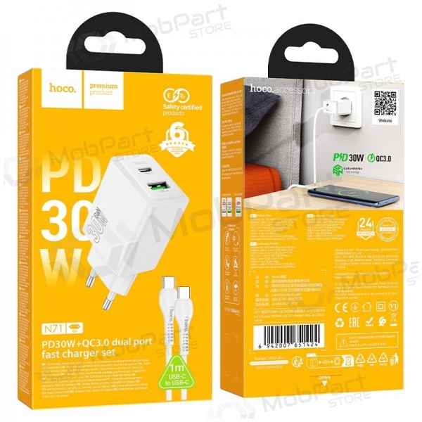Telefoonoplader Hoco N71 30 W GaN USB-C + USB-A met USB-C kabel 1 m wit