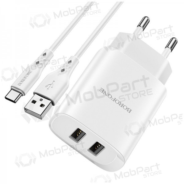 Lader Borofone BN2 2xUSB 2.1A + USB Type-C (wit)