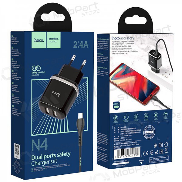 Lader Hoco N4 + microUSB (2.4A) (zwart)