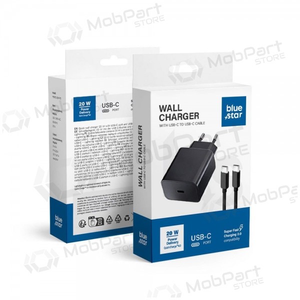 Telefoonoplader Blue Star 20 W USB-C met USB-C kabel zwart