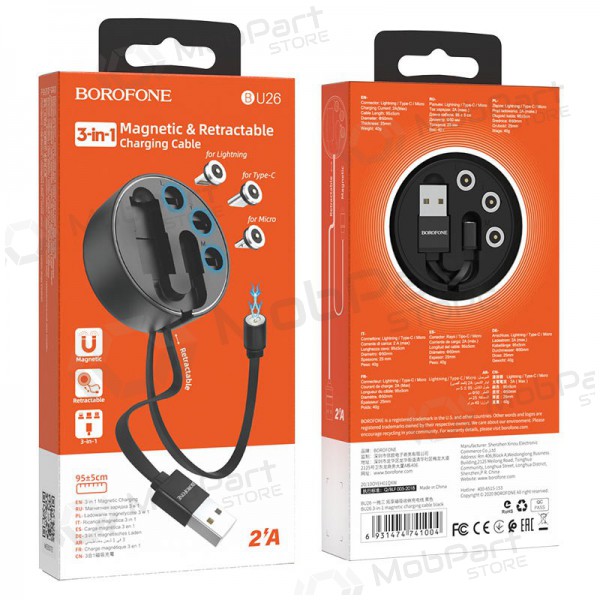 USB kabel Borofone BU26 3in1 microUSB-Lightning-Type-C magnetinic 1.0m (zwart)