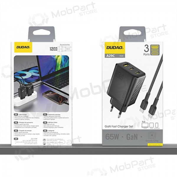 Telefoonoplader Dudao A28PC 45 W GaN 2x USB-C met USB-C kabel 1 m zwart