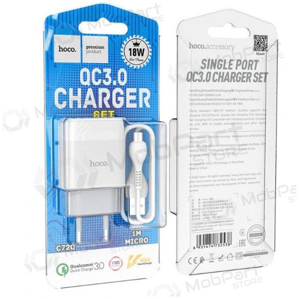 Lader HOCO C72Q Glorious USB + microUSB kabel (QC3.0) (wit)