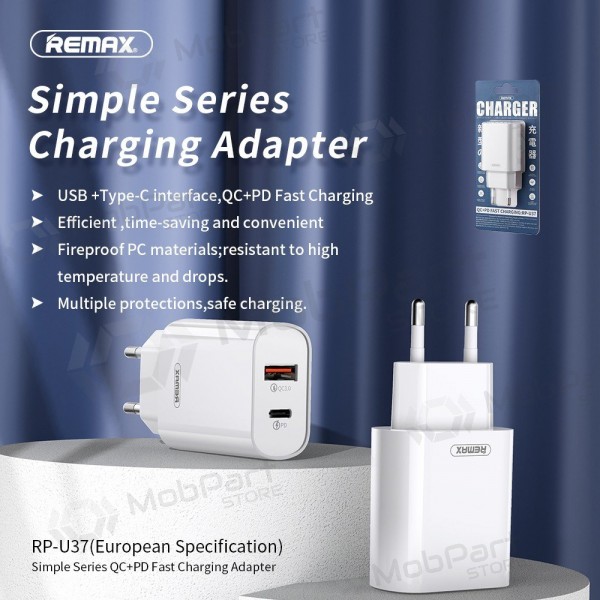 Telefoonoplader Remax RP-U37 20 W USB-C + USB-A wit