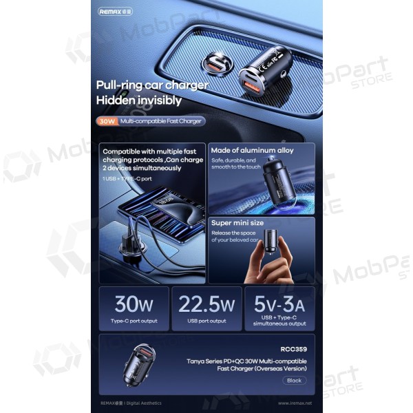Autolader Remax RCC359 30 W USB-C + USB-A zwart
