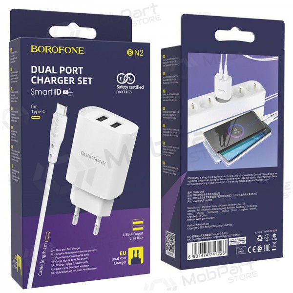 Lader Borofone BN2 2xUSB 2.1A + USB Type-C (wit)