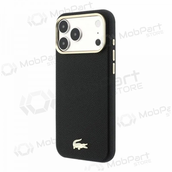 Apple iPhone 18 Pro hoesje - Lacoste PU Leather Champs Elysees Gold Logo MagSafe (zwart)