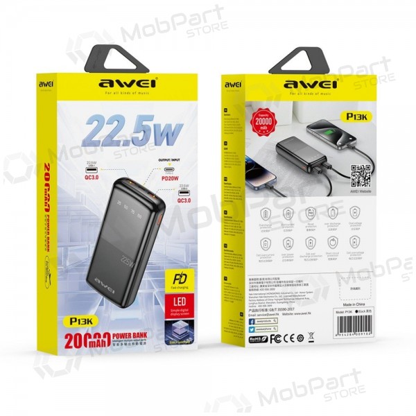 Externe batterij Power Bank Awei P13K PD20W/QC22.5W 20000mAh zwart