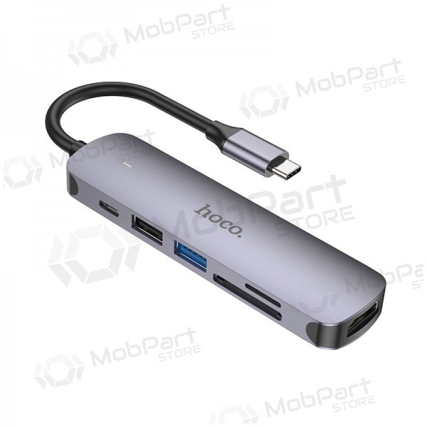 USB-C adapter Hoco HB28 USB-C naar HDMI + USB 3.0 + USB 2.0 + SD + TF + PD grijs
