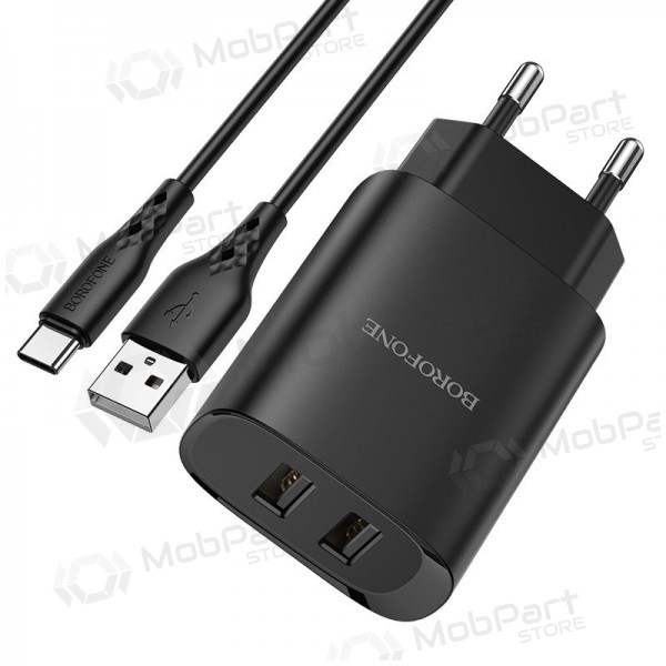 Lader Borofone BN2 2xUSB 2.1A + USB Type-C (zwart)
