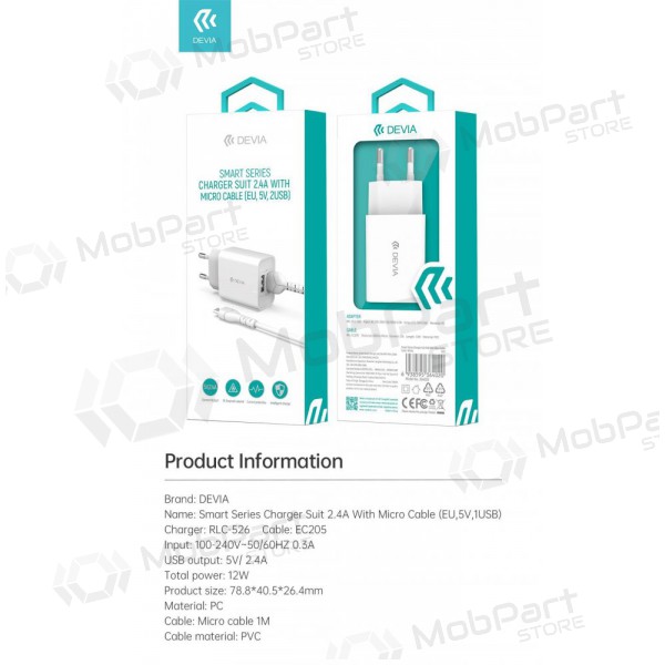 Lader Devia Smart x 2 USB (2.4A) + MicroUSB, (wit)