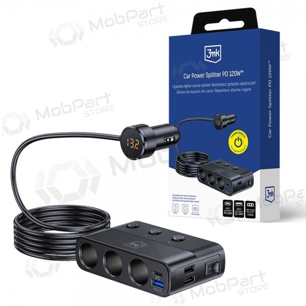 Autolader 3mk Car Power Splitter 120 W 3xUSB-A + USB-C 12V zwart