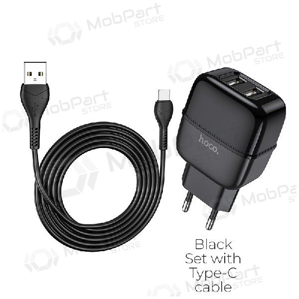 Lader HOCO C77A Highway Dual USB + type-C kabel (5V 2.4A) (zwart)