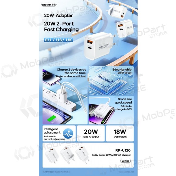 Telefoonoplader Remax RP-U120 20 W USB-C + USB-A wit